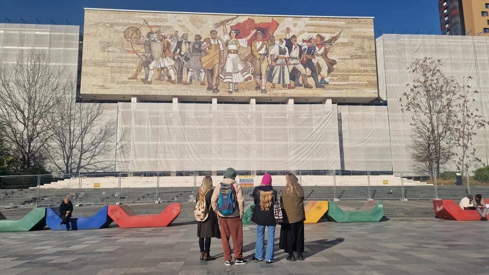 Mosaic artists at the Skanderbeg Square in Tirana